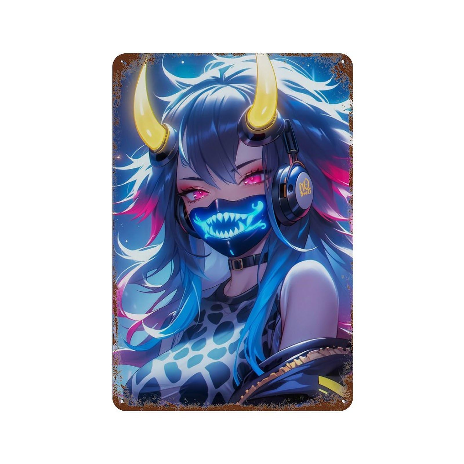Neon Oni Girl 11.8"x7.9" Decorative Tin Sign, Retro Wall Decor for Bistro, Counter And Cafe Decor