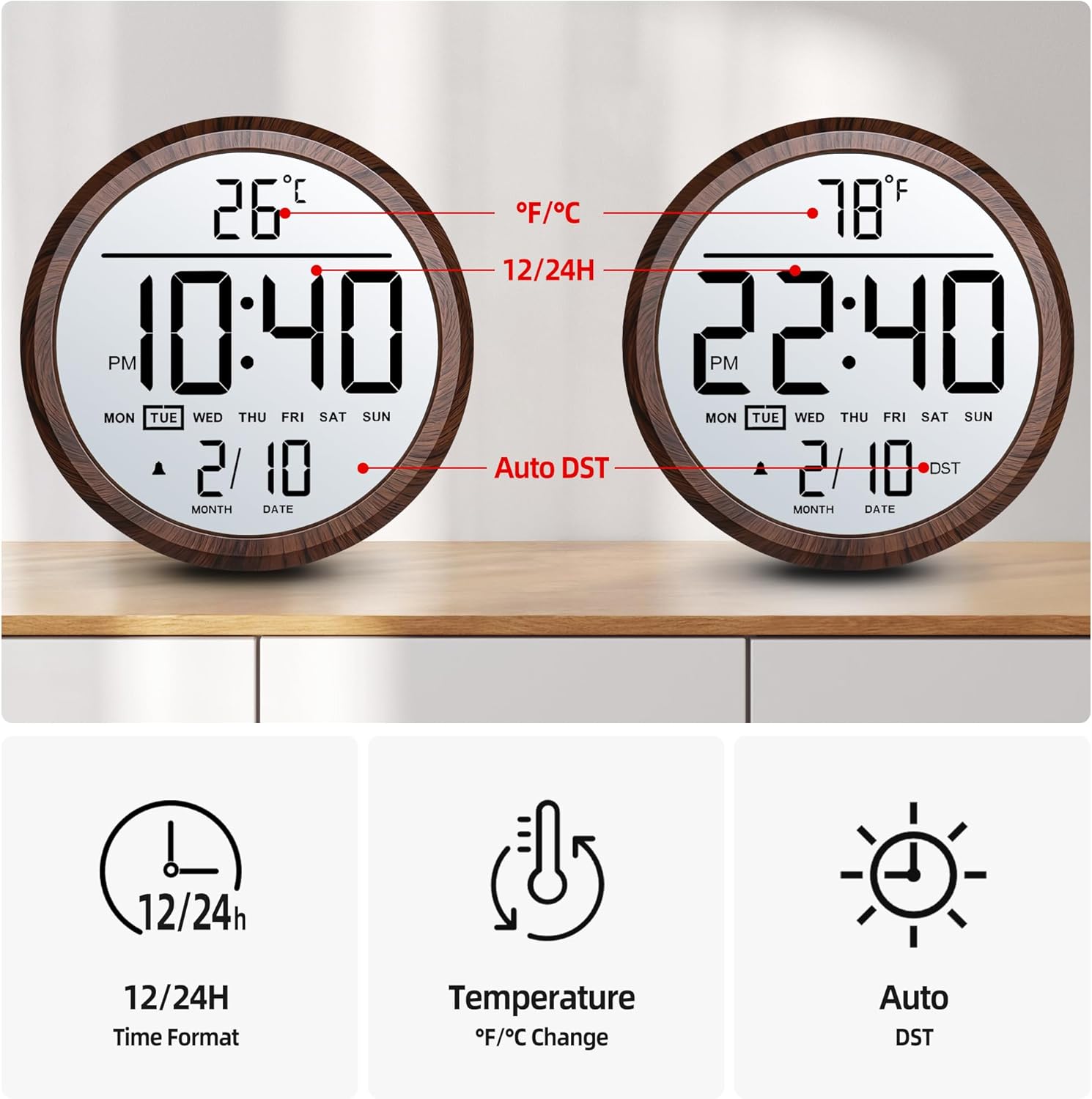 8" Round LCD Digital Wall Clock Battery Operated with Temperature and Date, Big Numbers Display, Auto DST and Alarm, for Office, Classroom, Bedroom, Living Room, Kitchen