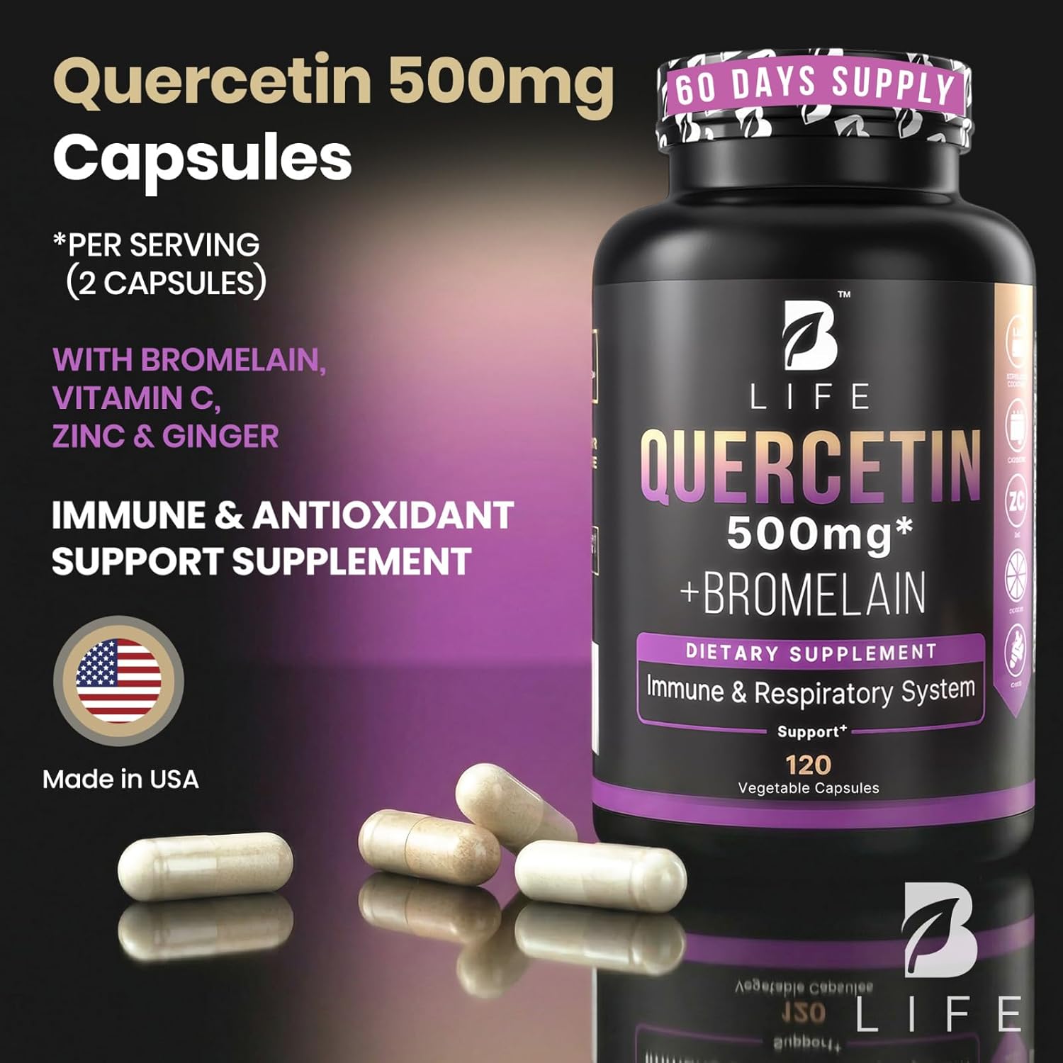 B Life Company BLife Quercetin 500mg Capsules with Vitamin C, Zinc & Ginger – Immune & Antioxidant Support Supplement – Quercetin with Bromelain Supplement – 120 Capsules (60 Servings)
