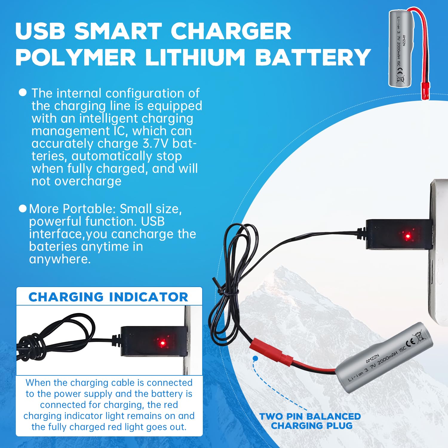 Batería Lipo 3.7V 2000mAh 15C Con Cable USB Para Vehículos RC - Compatible Con HJ819, DE819, Huina 1337, 1338, 1516, 1517, 1552, 1554, 1558