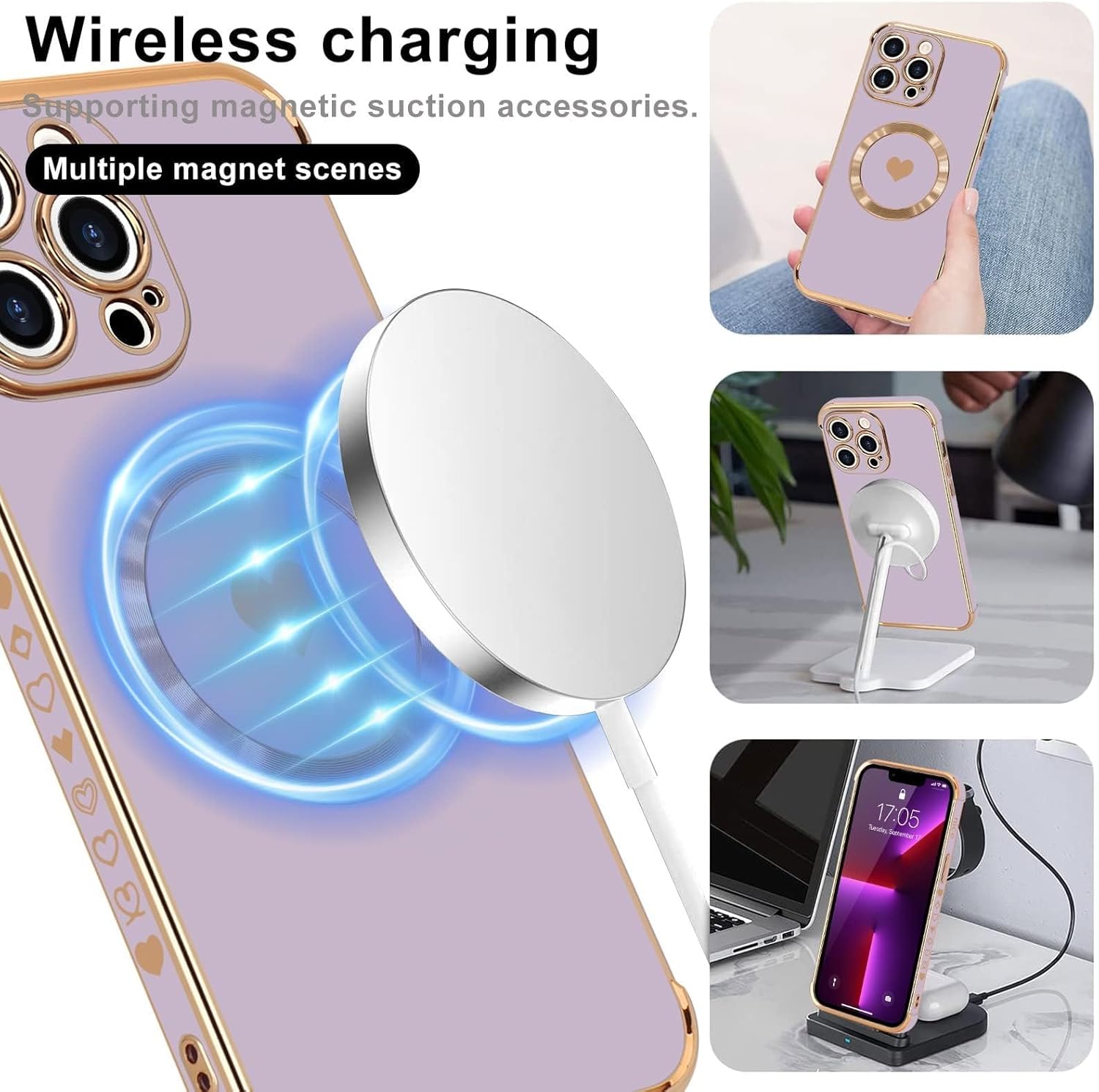 Magnetic Case for iPhone 15 Pro Max Women Girl Luxury Plating Cute Love Heart Slim Cover Full Camera Lens Protection Compatible with MagSafe for iPhone 15 Pro Max Purple - Image 3