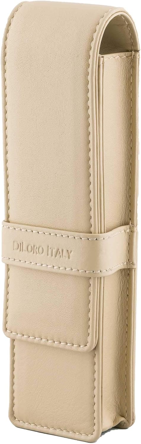 DiLoro Leather Double Pen Case Pencil Pouch Holder for Two Fountain Ballpoint Rollerball Pens and Pencils (Beige)