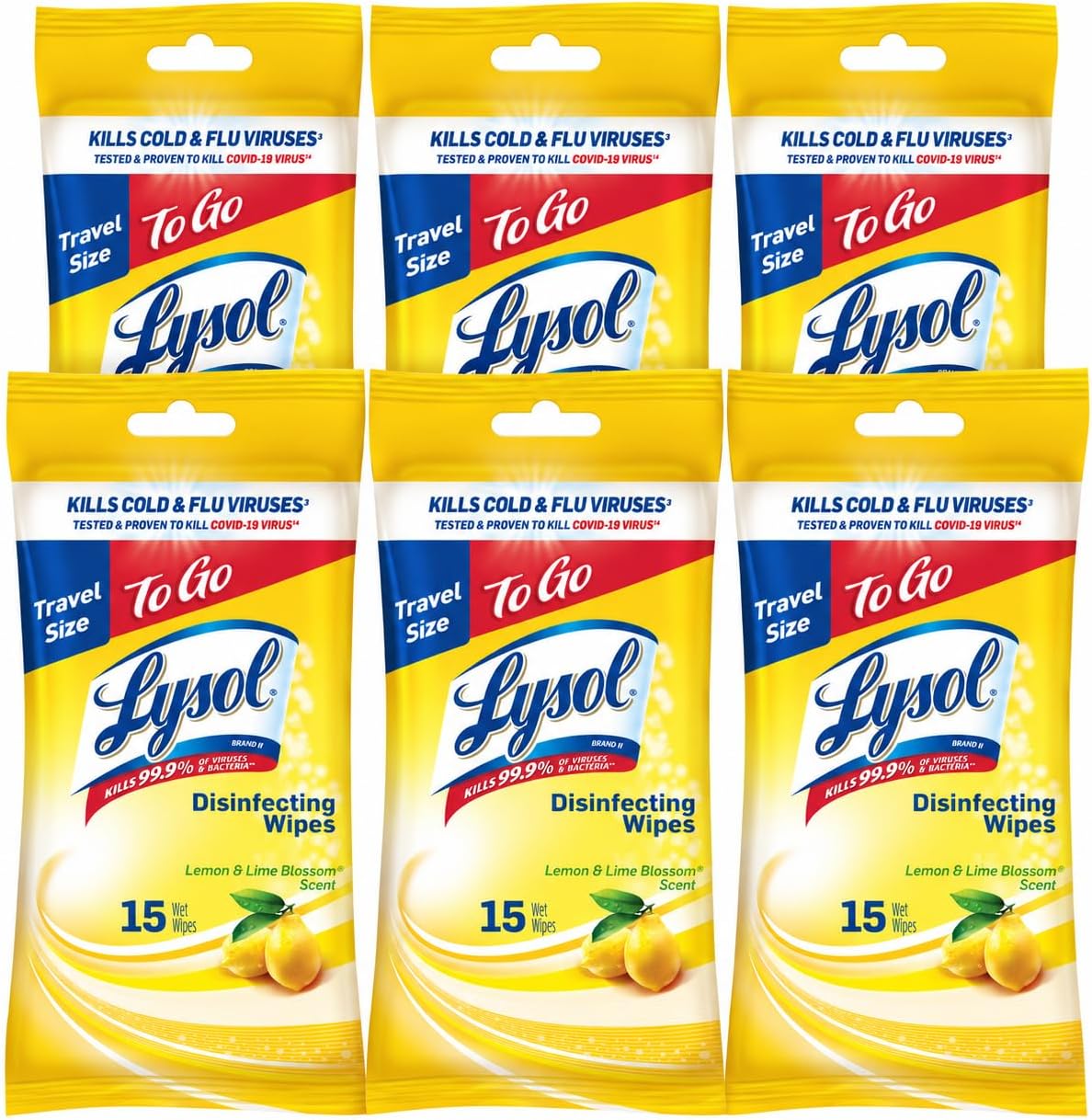 Disinfecting Wipes To-Go Pack, Lemon Scent, 15 Count (Pack of 6)