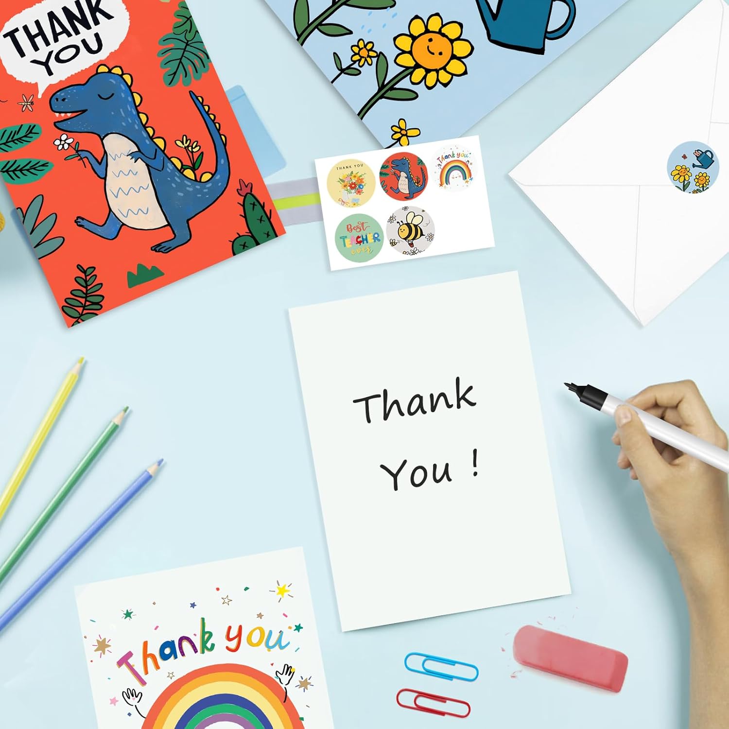 AhfuLife 6 Pcs Teacher Thank You Cards Multipack, 6 Styles Cute Appreciation Cards Graduation Gift, Including 6 Stickers and 6 Envelops for Teachers' Day, Teacher of the Year Gifts - Image 4