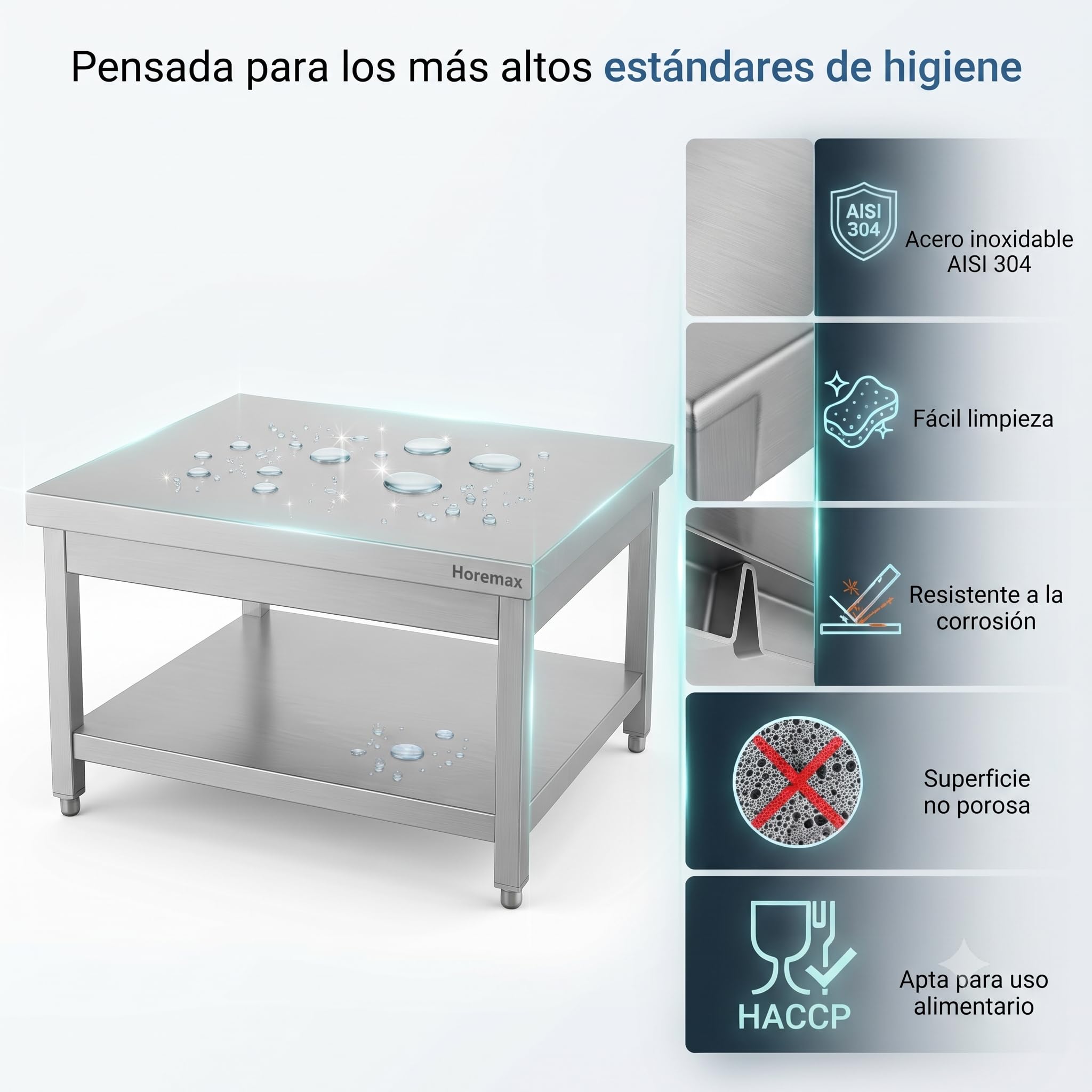 Mesa de Trabajo Central Baja de Acero Inoxidable AISI 304 con Estante Inferior, Mesa Auxiliar para Cocina Industrial y Hostelería, 700 x 600 x 600 mm
