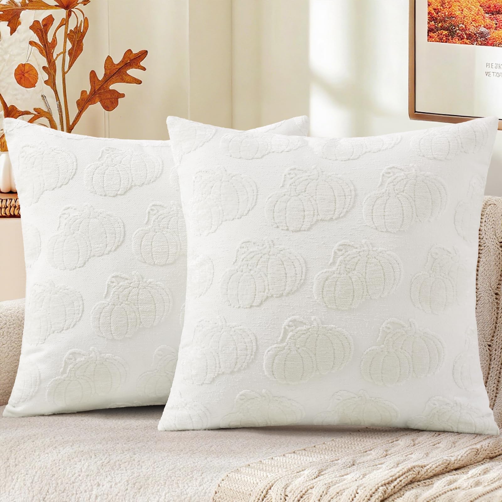 decorUhome Decorative Two Cream White Pumpkins Thanksgiving Throw Pillow Covers 18x18 Set of 2, Soft Chenille Jacquard Farmhouse Textured Pillow Covers for Couch Sofa Autumn Harvest Halloween Holiday