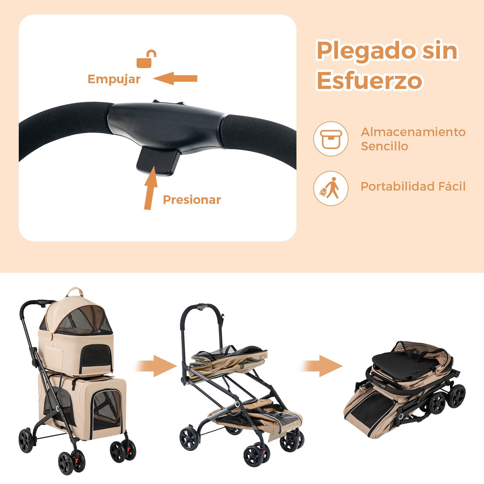 GOPLUS Carrito para Perros Plegable de 2 Niveles, Cochecito para Mascotas 3 en 1 con 2 Compartimentos Desmontables, Carro de Viaje para Gatos, Ruedas con Freno, Cojin Desmontable, 67×98×88cm (Beige)