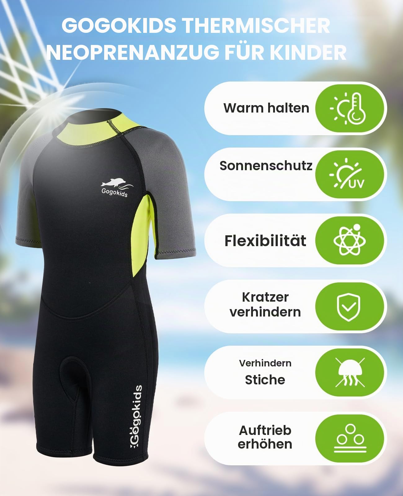 Gogokids Shorty Neoprenanzug Kinder, 2,5mm Neopren Thermo Kurze Nassanzüge mit Rückenreißverschluss, UV-Schutz Neoprenanzüge für Jungen Mädchen 3-10 Jahre zum Schwimmen, Surfen, Tauchen