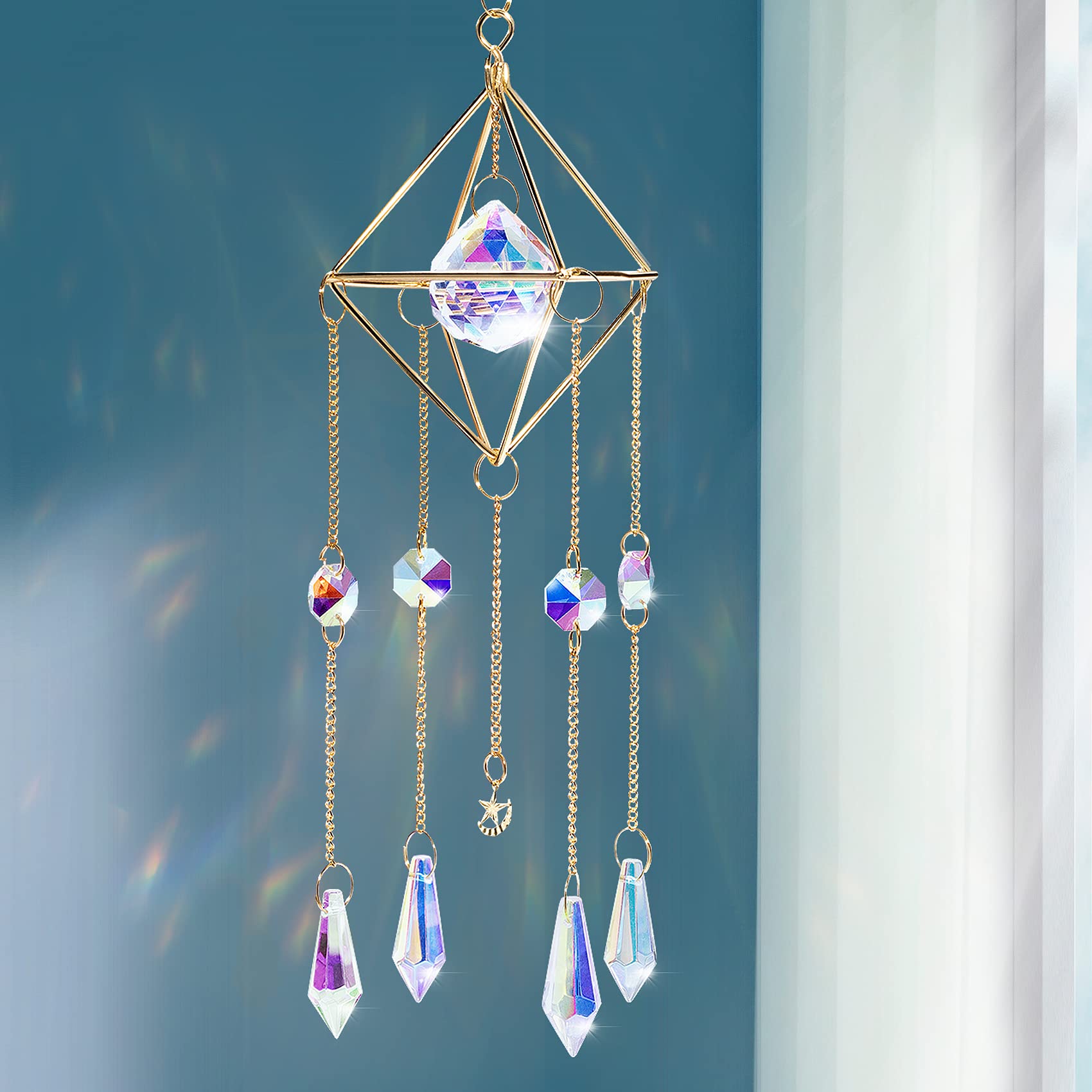 OIIKI Crystal Hanging Sunlight Catcher Decoration, Sparkle Dangling Glass Prism Pendant, Garden Hanging Ornament Rhinestone Trim Art Crafts for Garden Home Office Windows Indoor Outdoor