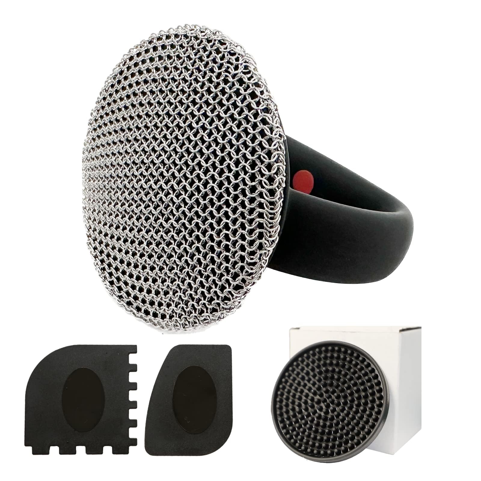 Meixinzhi Black,Golden Cast Iron Skillet Cleaner, Cast Iron Chainmail Scrubber, Pan & Grill Scrapers, Black With Mat