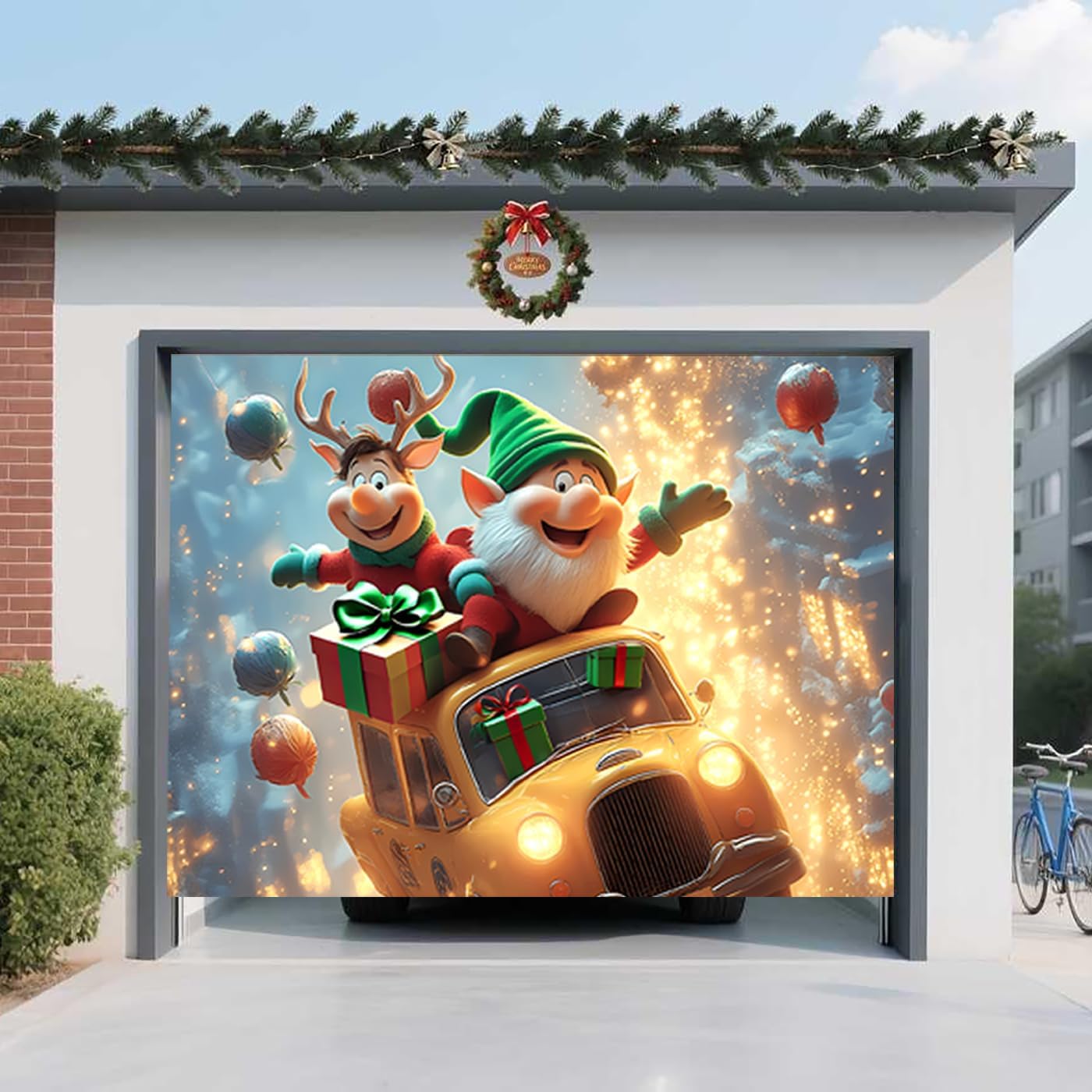 Christmas Garage Door Banner – Flying Elf & Reindeer in Festive Taxi with Gifts, UV Light-Responsive Yellow Glow, Large Outdoor Holiday Mural for Porch & Living Room,8 x 7ft/2.4 x 2.1m