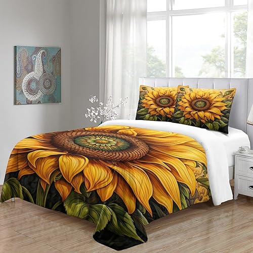 Miniatura 4 de GYORI Juego de edredón de 3 piezas de girasol, edredón de microfibra con 2 fundas de almohada, suave, ligero, hermoso girasol, vintage, juego de