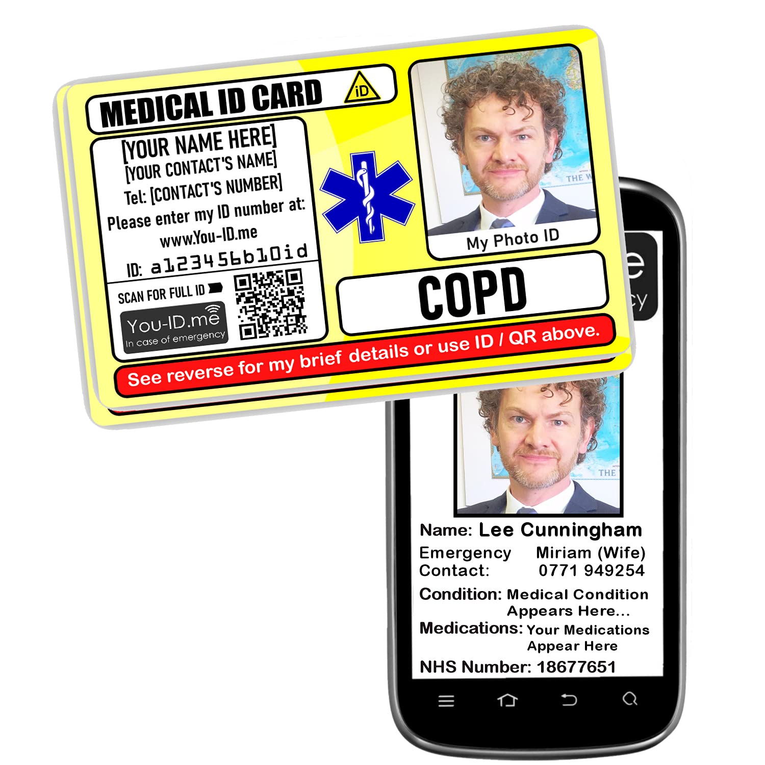 COPD Medical Card with Optional SMS Alerts to Emergency Contacts Phone, Customise and Store Photo, Name, Contacts, Number, Condition, Medications, SOS, ICE, SMS (COPD)