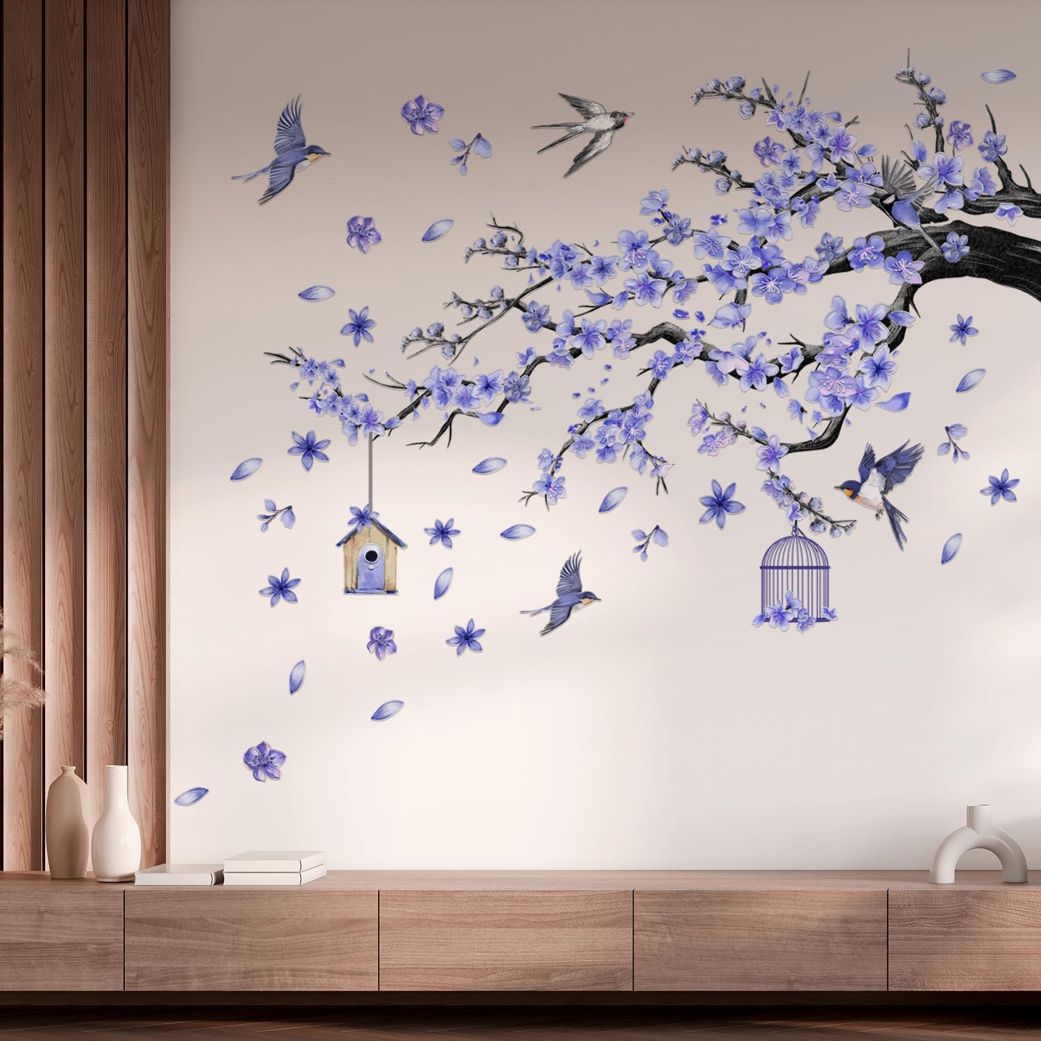 Runtoo Flower and Birds Wall Stickers Blue Cherry Blossom Tree Branches Peel and Stick Wall Art Decals for Living Room Bedroom Bathroom Decor