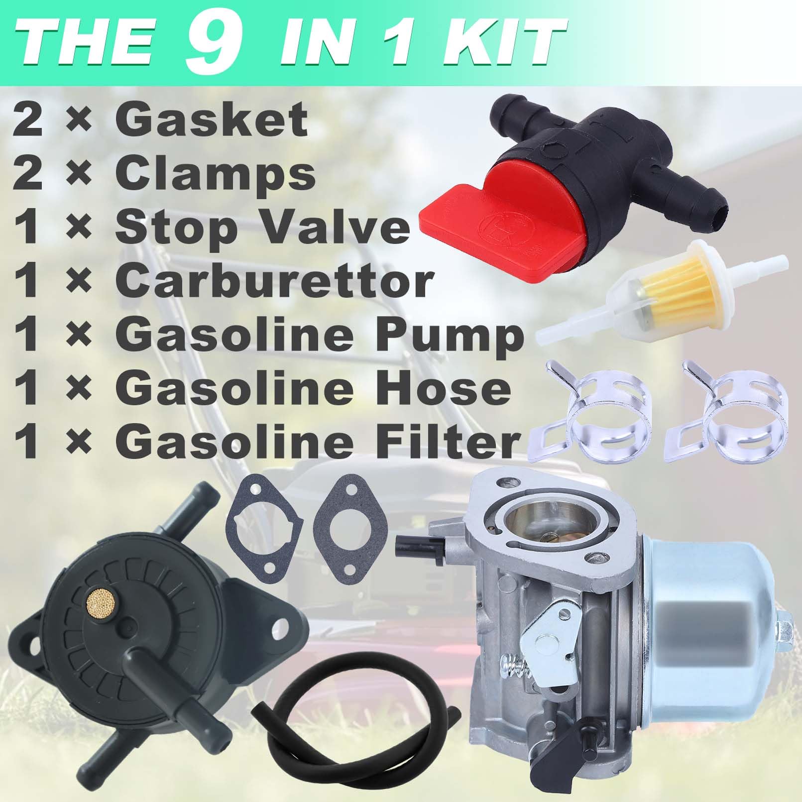 Kit Carburateur pour Kawasaki FH430V FS481V FH381V FH541V Moteur, ADEFOL Pièces de Rechange Carburateur + Joint + Pompe à Carburant + Filtre à Carburant Accessoire Tondeuse à Gazon