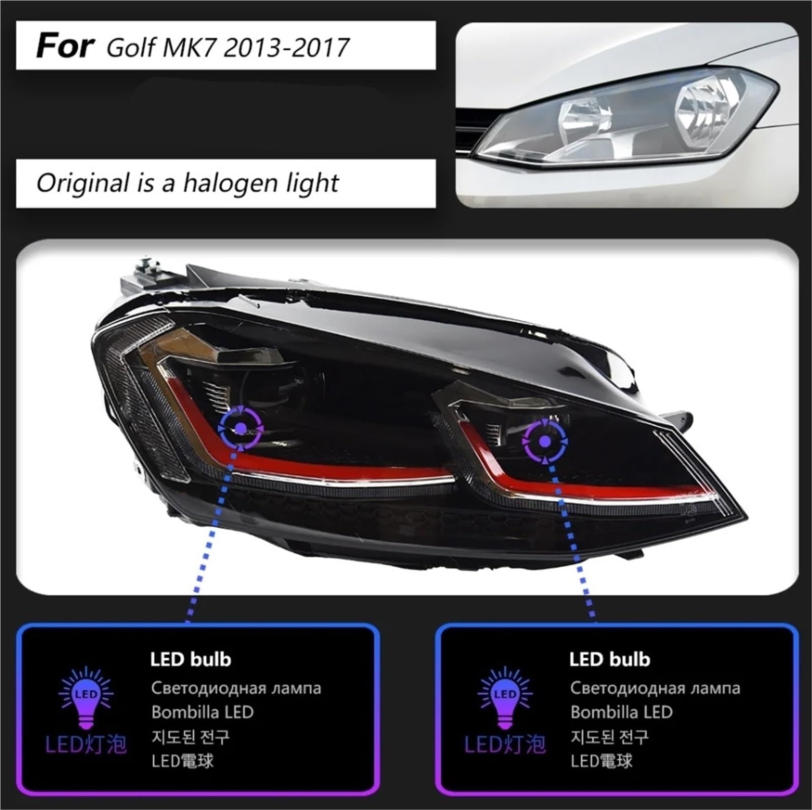 Compatibile con i fari VW Golf 7 MK7 GTI 2013-2017 Aggiornamento Golf 7.5 Styling LED DRL Dual Car Accesorios Modificato(RED,RHD)