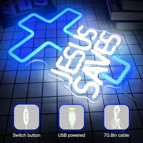 Miniatura 2 de JanHune Letreros de neón de cruz de Jesús salva con luces LED de neón regulables para decoración de pared, luces de neón azules para dormitorio,