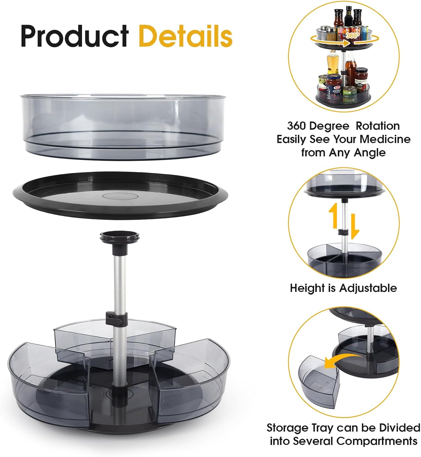 2 Tier Medicine Cabinet Organizer, Rotary Turntable Organizer for Medicine and Vitamin Bottles, Under Sink Organizer for Medicine, Bathroom Cabinet Storage, Tray has Removable Dividers, Easy Assembly