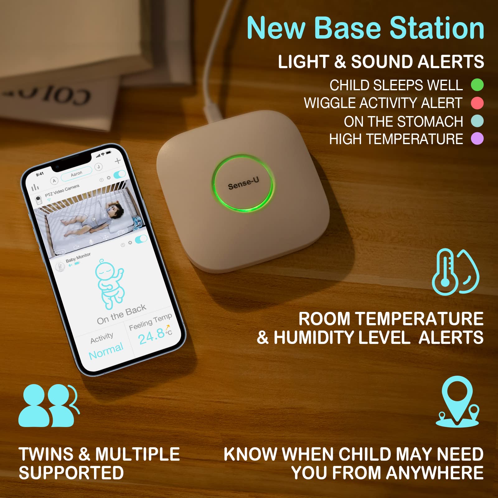 Sense-U Smart Baby Monitor 3+ Crystal Clear 2K Remote PTZ, rileva posizione sonno, Rollover, Sensori temperatura | Visione notte, conversazione bidirezionale, rilevamento