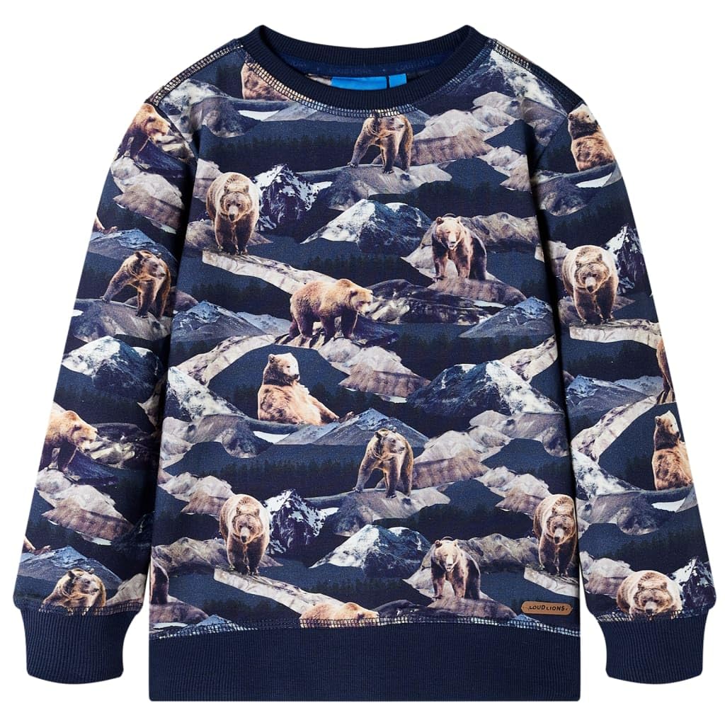 Felpa per bambini blu navy con stampa orsetto, % cotone, % elastan, taglia per ragazzi e ragazze, maglietta a maniche lunghe per scuola, tempo libero, autunno e inverno
