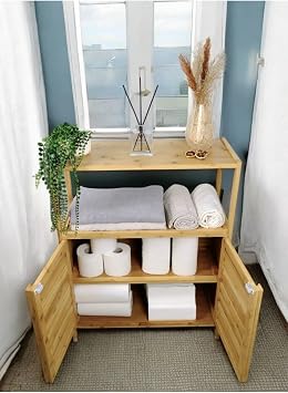 Bambu Çift Kapaklı 2 Raflı Çok Amaçlı Düzenleyici Organizer Banyo Dolabı, 60 x 80 cm
