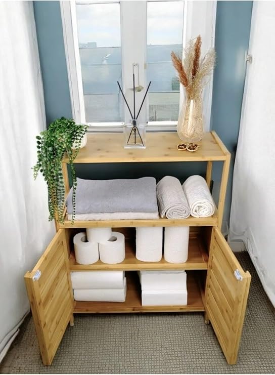 Bambu Çift Kapaklı 2 Raflı Çok Amaçlı Düzenleyici Organizer Banyo Dolabı, 60 x 80 cm