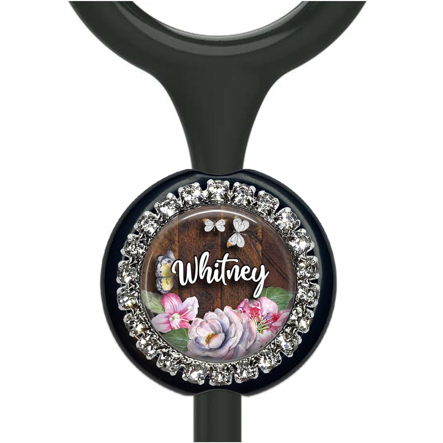 Stethoscope Air Tag Holder Personalized Name - Wood and Watercolor Floral - Discreet and Secure - Custom Fonts - Hospital Nurse, Doctor Gift (1 inch Bling Glass)