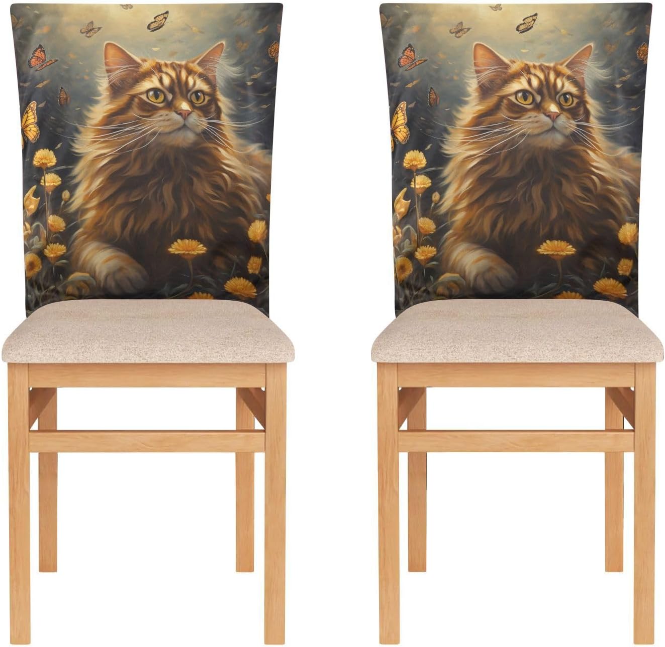 ALAZA Cat Butterflies Yellow Flowers Chair Back Cover Set of 6, Washable Reusable Removable Chair Slipcovers Decorative Chair Cover for Home Kitchen Wedding Party