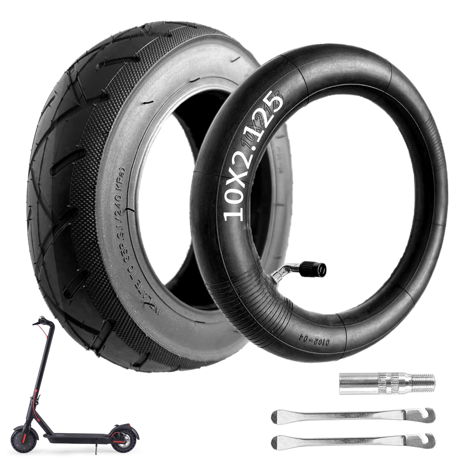 10x2.125 scooter tire Replacement, 10x2.125 Tire and Inner Tube, 10 inch Tires Replacement, with 90-Degree Bent Valve, Valve Extension, and Tire Levers, Thickened Non-Slip Shockproof