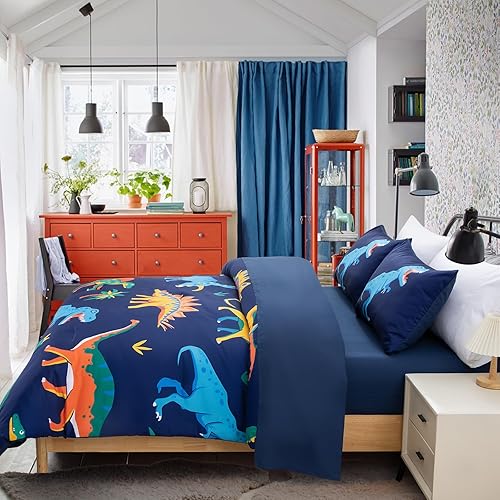 Miniatura 2 de A Nice Night - Juego de ropa de cama con estampado de dinosaurios en azul marino para niños, juego de edredón tamaño individual, ultrasuave con