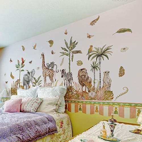 Miniatura 3 de Large Safari Animals Boho Tropical Rainforest Leaves Tree Wall Stickers Jungle Animals Giraffe Elephant Lion Leopard Parrot Wall Decals for Living