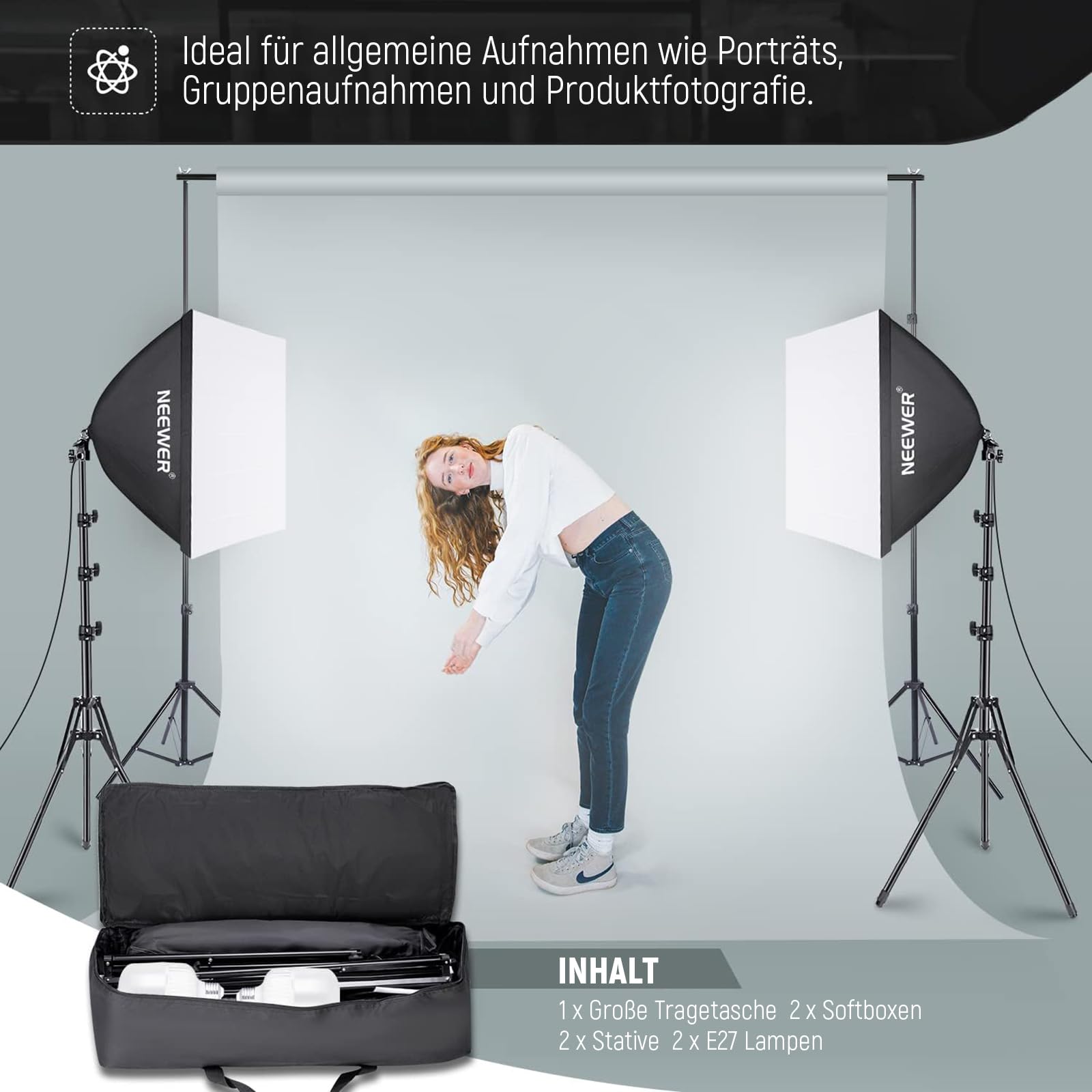 NEEWER Softbox Beleuchtungsset, äquivalent zu 700W, 2er Pack 5700K LEDGlühbirnen, 24 x 24Zoll Softboxen mit E27 Fassung, Fotografie Dauerlichtset, Fotostudio Ausrüstung