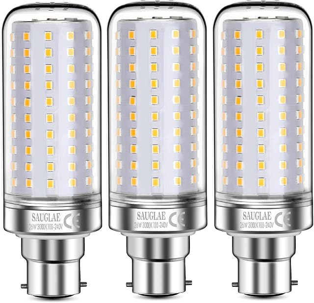 SAUGLAE 26W LED Light Bulbs, 200W Incandescent Bulbs Equivalent, B22d Bayonet Cap, 3000Lm, 3000K Warm White, Pack of 3