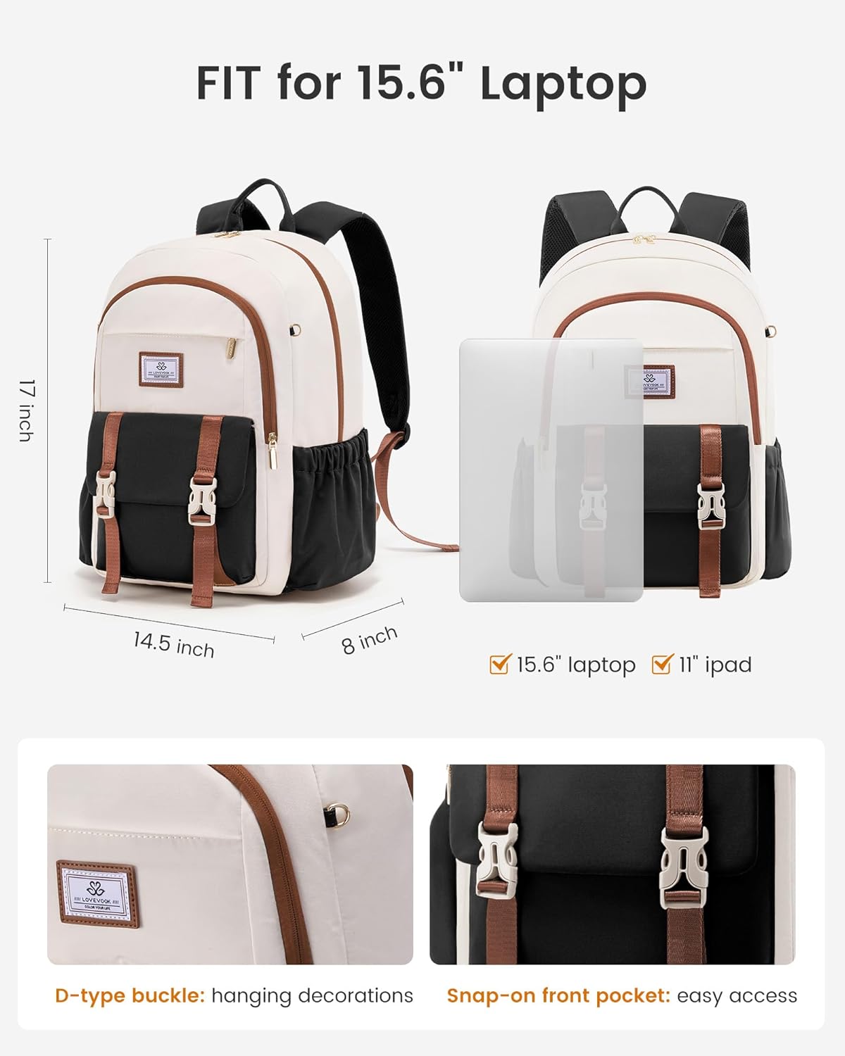 LOVEVOOK School Backpack for Girls Boys,Bookbag for Teen with Pouch Pocket for Large Capacity Cup, Waterproof School Bookbag, Preppy Backpack Travel Daypack with 15.6 inch Laptop Compartment