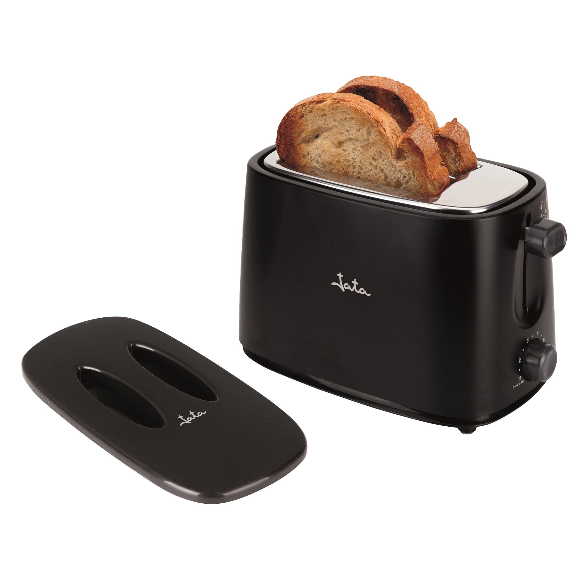 Jata TT631 Tostapane nero con cappuccio protettivo e due fessure extra larghe, con interruttore elettronico roast, 6 posizioni, corpo freddo, raccoglibriciole, nero