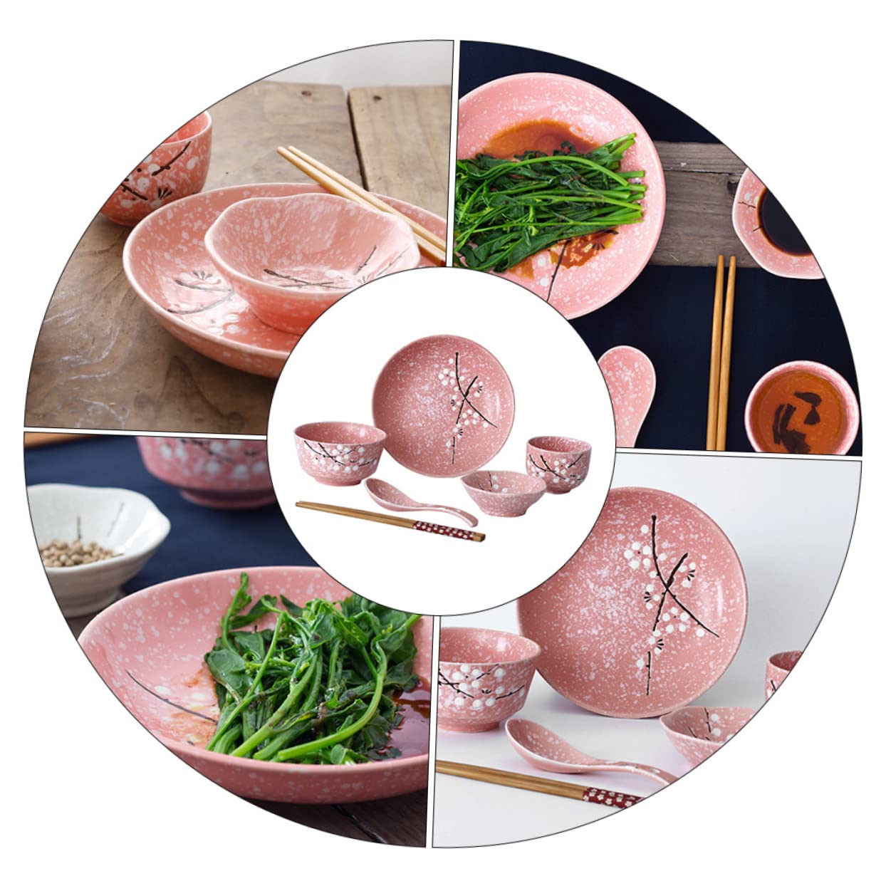 Amosfun Set Di Stoviglie Giapponese in Ceramica Rosa 12 Pezzi, Posate Per La Casa Ciotole, Piatti, Cucchiai e Bacchette, Per Feste, Ristoranti e Uso Quotidiano