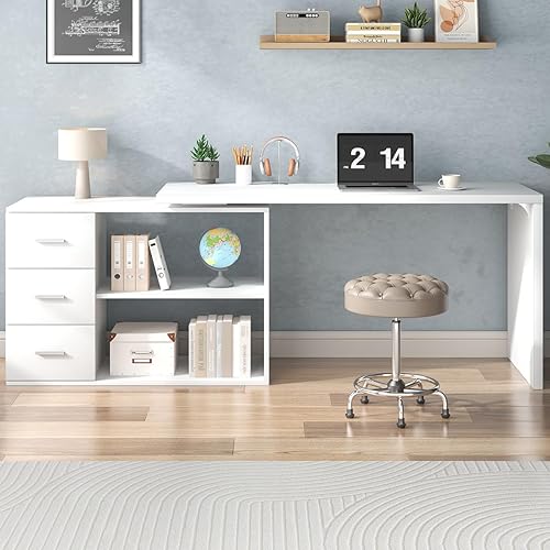 Miniatura 9 de HSH Escritorio blanco en forma de L con estantes de cajones, escritorio de esquina para oficina en casa en forma de L con armario de almacenamiento,