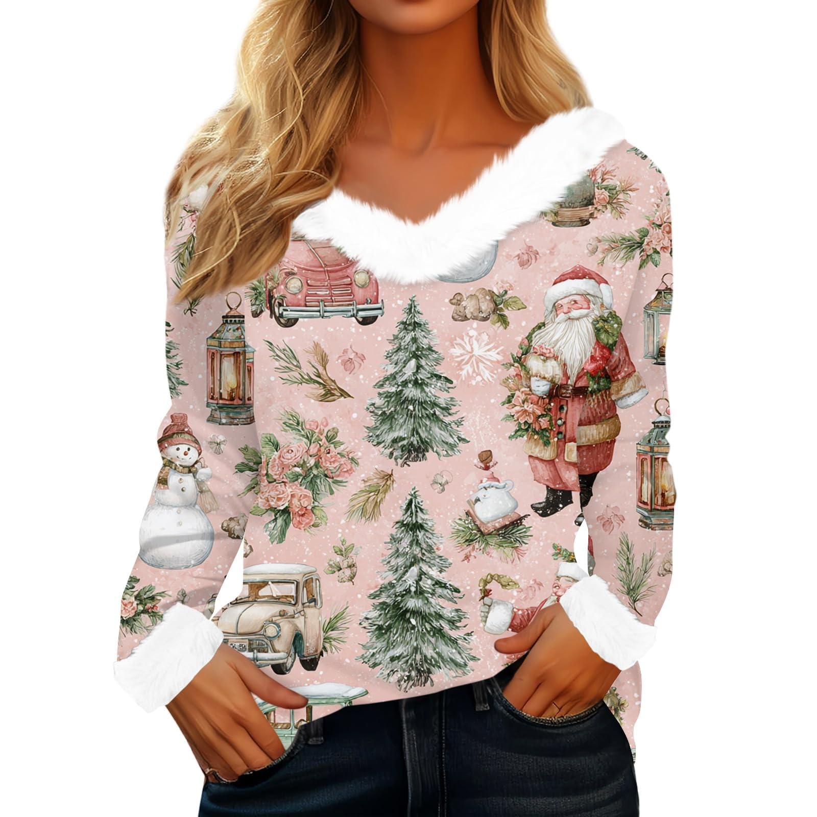 Ladies Christmas Party Top Faux Fur V Neck Long Sleeve Festive Print,Pink,S
