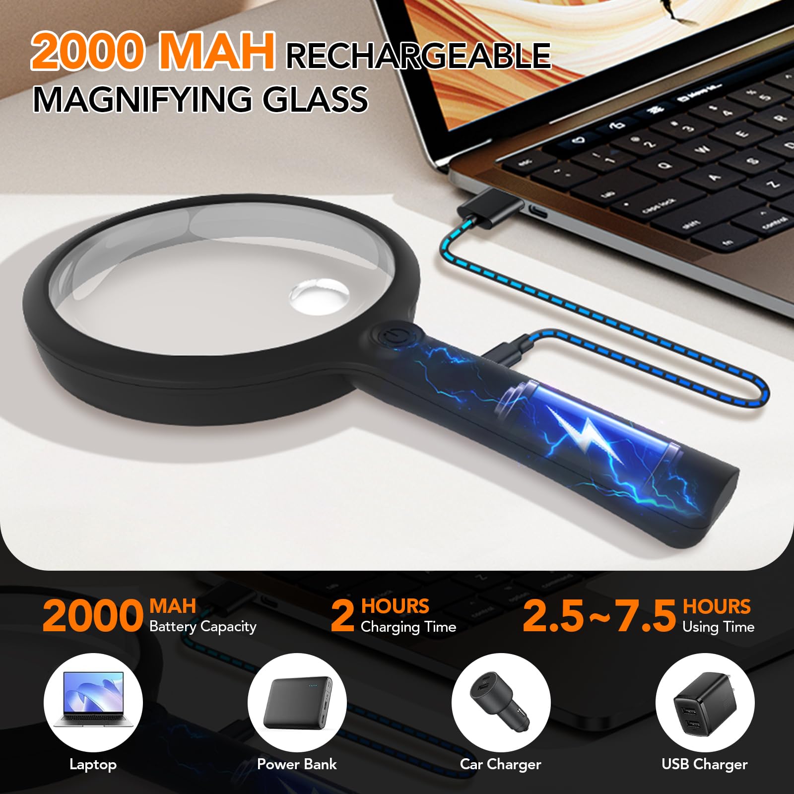 2000mAh Wiederaufladbare Lupe mit Licht, 5X/10X Große Handbeleuchtete Lupe, 24 LEDs, 3 Lichtmodi, Lesehilfe für Senioren & Sehschwäche (Schwarz)