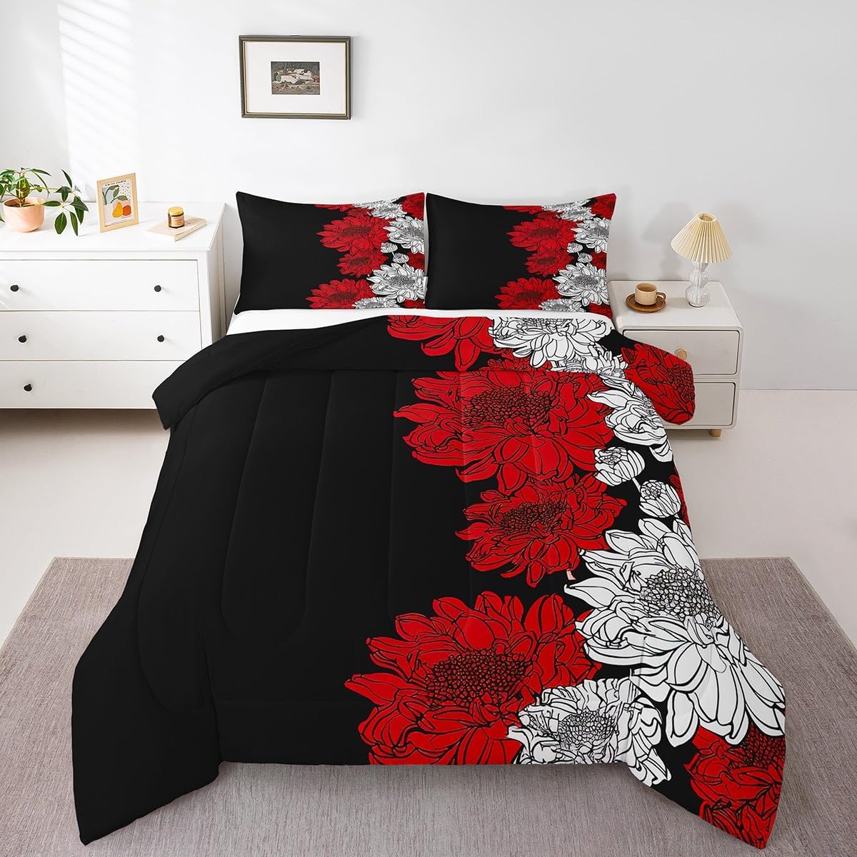 Erosebridal Aztec Dahlia Comforter Set Dahlia Bulbs Quilted Duvet Mexican National Flower Bedding Set Queen Size Modern Floral Design Large Flowering Decorative Dahlia Bedroom Decor Red Black White