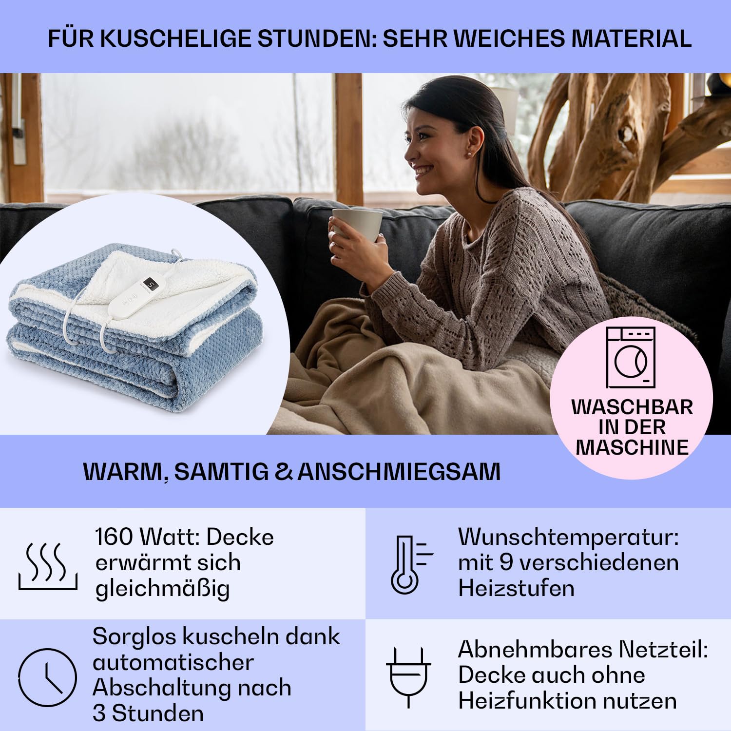 Klarstein XL Elektrische Kuscheldecke, Heizdecke mit Abschaltautomatik, 180x130 cm Elektrische Wärmedecke Maschinenwaschbar, Doppelseitige Heizdecke für Bett & Sofa, Wärme Decke mit 9 Heizstufen