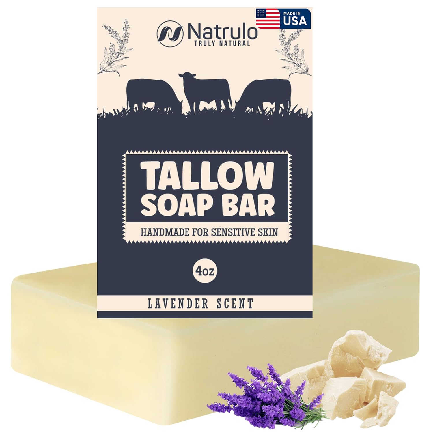 Beef Tallow Soap Bar All Natural Grass Fed Tallow Soap Lavender Moisturizing Face Body Wash Great for Eczema