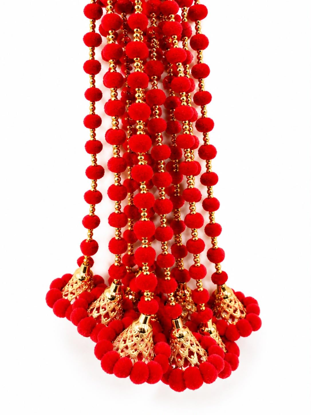 Kavira House Indian Handmade Pom Pom Hanging Garland with Decorative Bells (Red(Pack of 4) A)