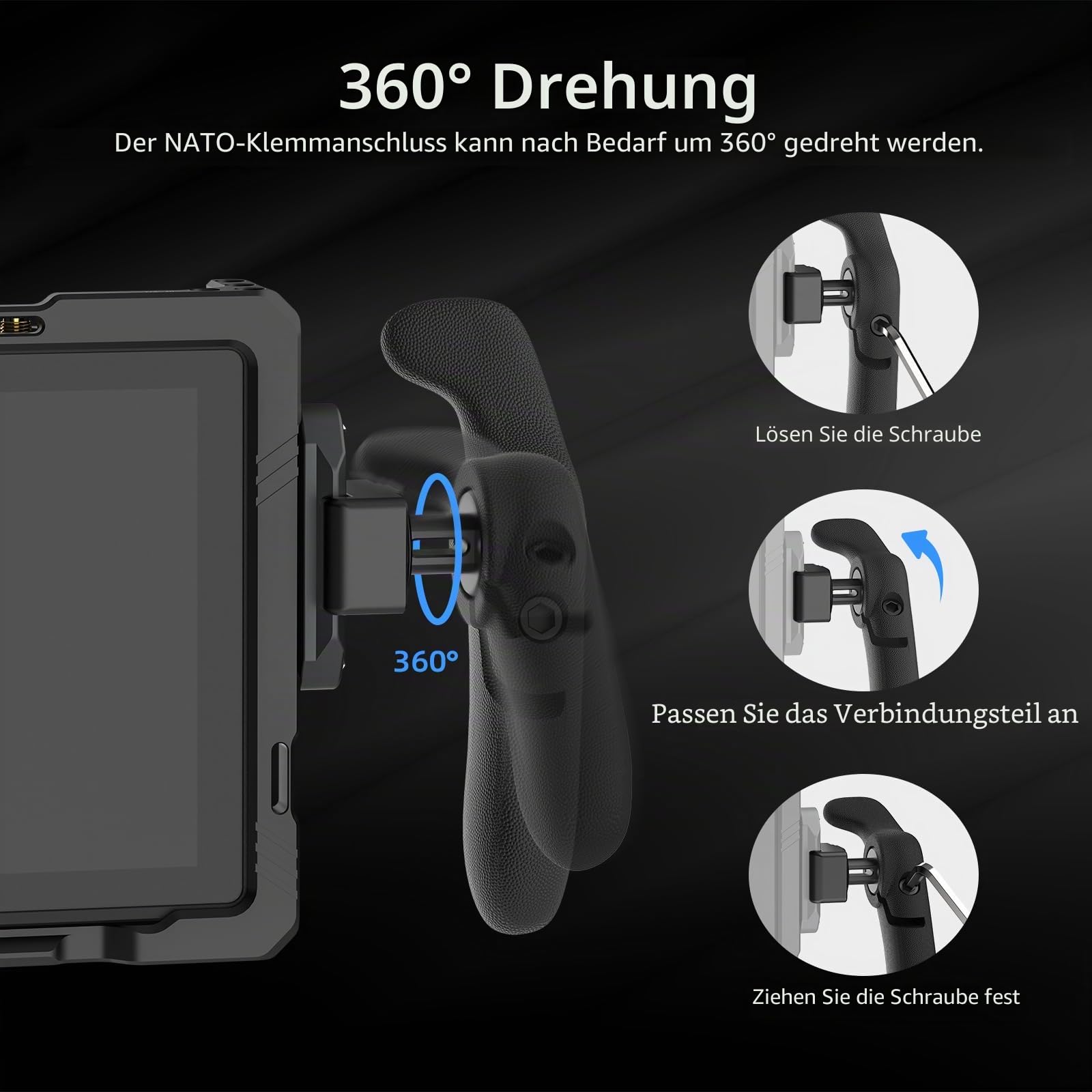 Nitze Side Handle with NATO Clamp, Kamera Seitengriff NATO 360° Drehbar für Links- und Rechtshänder, Kompatibel mit Smartphone, iPad und Monitorkäfig – PA32C