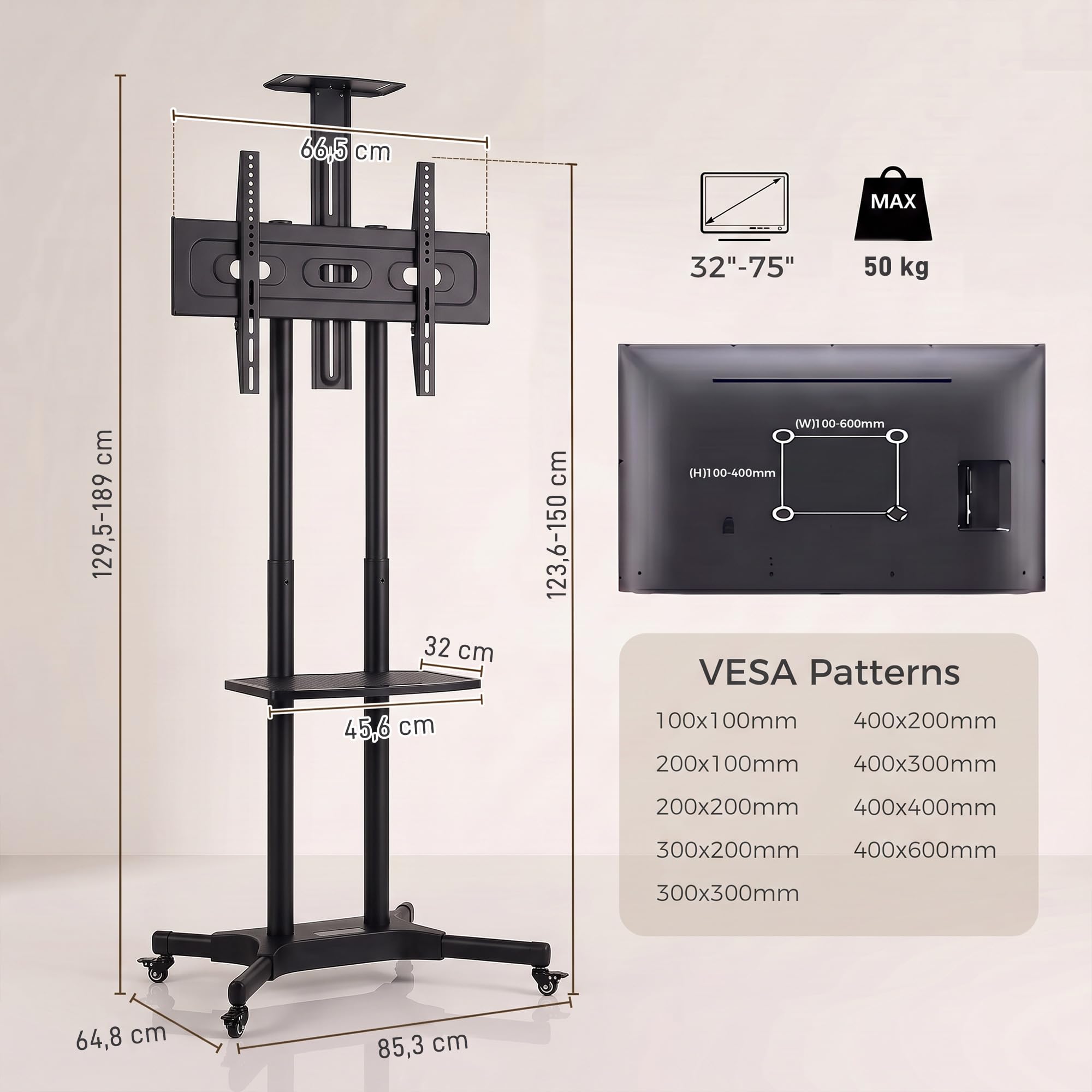 HOMCOM Soporte de TV con Ruedas para televisores de 32-75 Pulgadas, Altura Ajustable, Ruedas con Freno, Bandeja para cámara y Estante Multimedia, VESA máx. 400 x 600 mm, Negro
