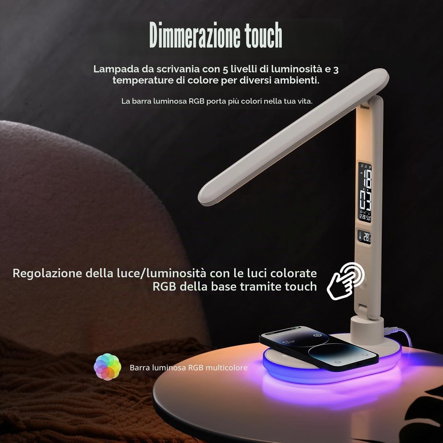 Lampada da Tavolo con Caricabatterie Wireless da 10W, Ricarica USB, 3 Colori e 5 Livelli di Luminosità, Lampada da Tavolo Touch Control con Temperatura Orologio RGB per Cameretta, Ufficio