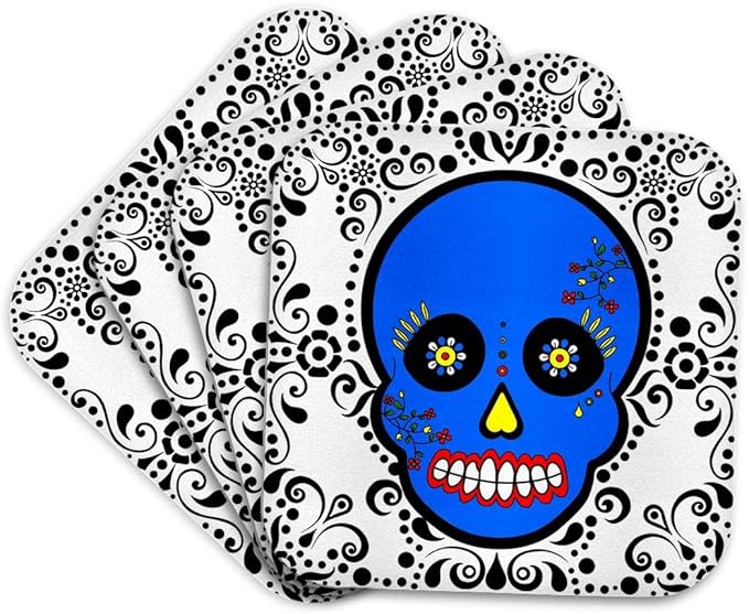 3dRose Day of The Dead Skull Día de Los Muertos Sugar Skull Blue White Black Scroll Design Set of 4 Coasters - Cork