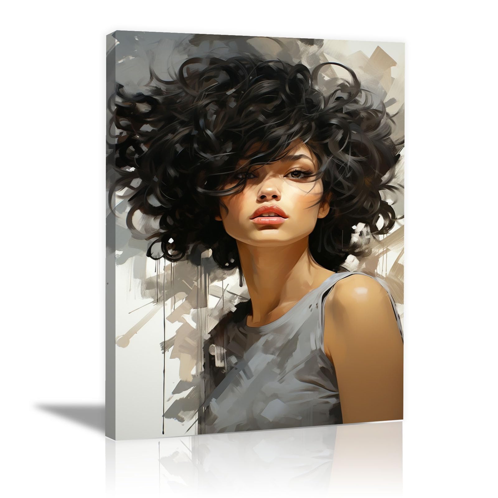 TERUEA Canvas Wall Art Abstract Curly Hair Woman Portrait Picture Prints for Girls Room Bedroom Wall Decor(Grey)-40x60cm Framed