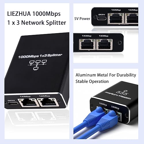 Miniatura 4 de LIEZHUA Actualización de divisor Ethernet 1 a 3 de alta velocidad 1000Mbps, LAN con cable de alimentación USB, RJ45 para cable Cat55e678 Gigabit