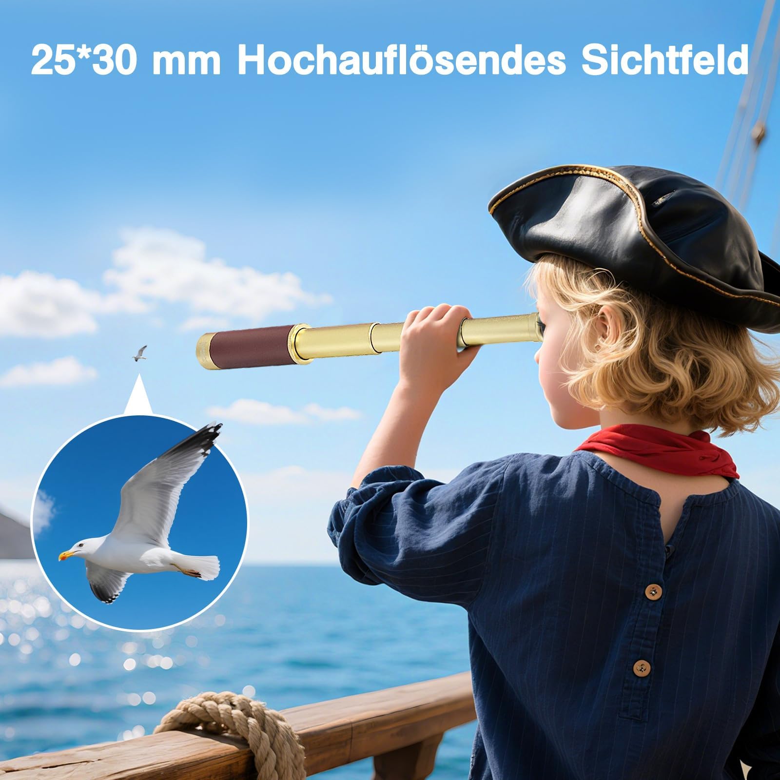 Retro Pirat Teleskop Monokular 25x30 Zoomable Vintage Kapitän Jack Spyglass BAK-4 Linse Fernrohr Kinder with Kompass Faltbar Tragbar Pocket Monokular Erwachsene für Outdoor Camping